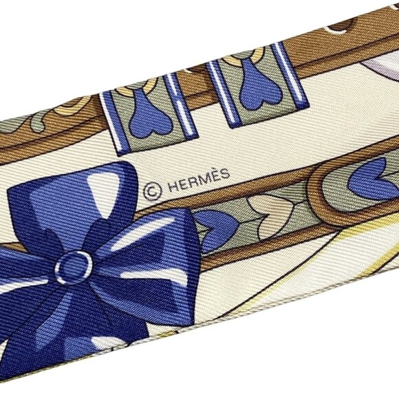 HERMES Twilly - Cream Blue Multi Scarf 422-072225 - Picture 2 of 3